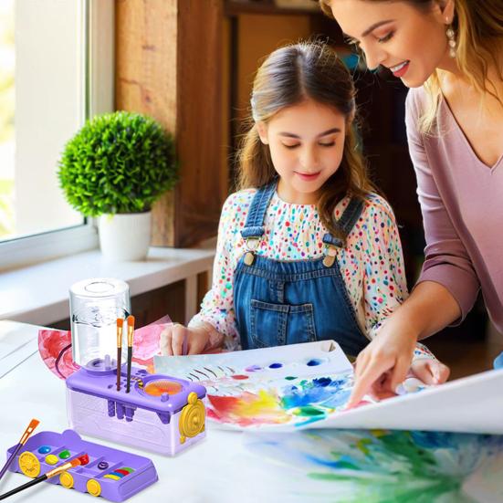 Paintbrush Cleaner with Paint Tray Water Circulation Brush Rinser with Brush Holder 400ml Water Bottle Train Design Paint Brush Cleaning Tool