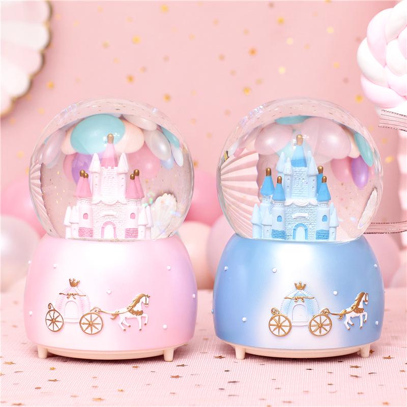 Iridescent Castle Snowfall Crystal Ball Music Box for Kids - Dreamy Fairy Tale Carriage.