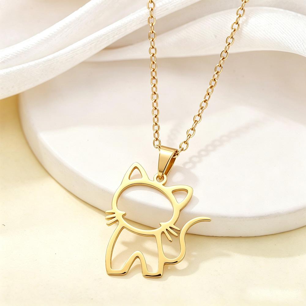 Stainless Steel Hollow Animal Pendant Necklace - Cute Cartoon Kitten Design