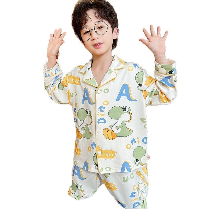 Spring/Summer Boys' Long Sleeve Thin Pajama Set - Cartoon Design for Medium/Large Kids & Teens