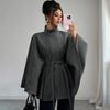 Manteau Cape Élégant pour Femme en Laine Mélangée à Col Montant Ceinture à Nouer Garniture en Fourrure de Lapin Vêtement d'Hiver