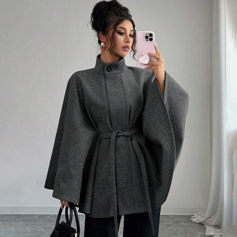 Manteau Cape Élégant pour Femme en Laine Mélangée à Col Montant Ceinture à Nouer Garniture en Fourrure de Lapin Vêtement d'Hiver