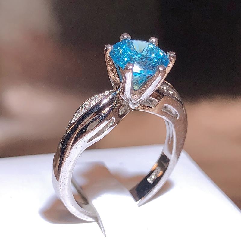 New Inlaid Topaz Sky Blue Round Zirconia Ring Female Fashion Jewelry Party Birthday Gift