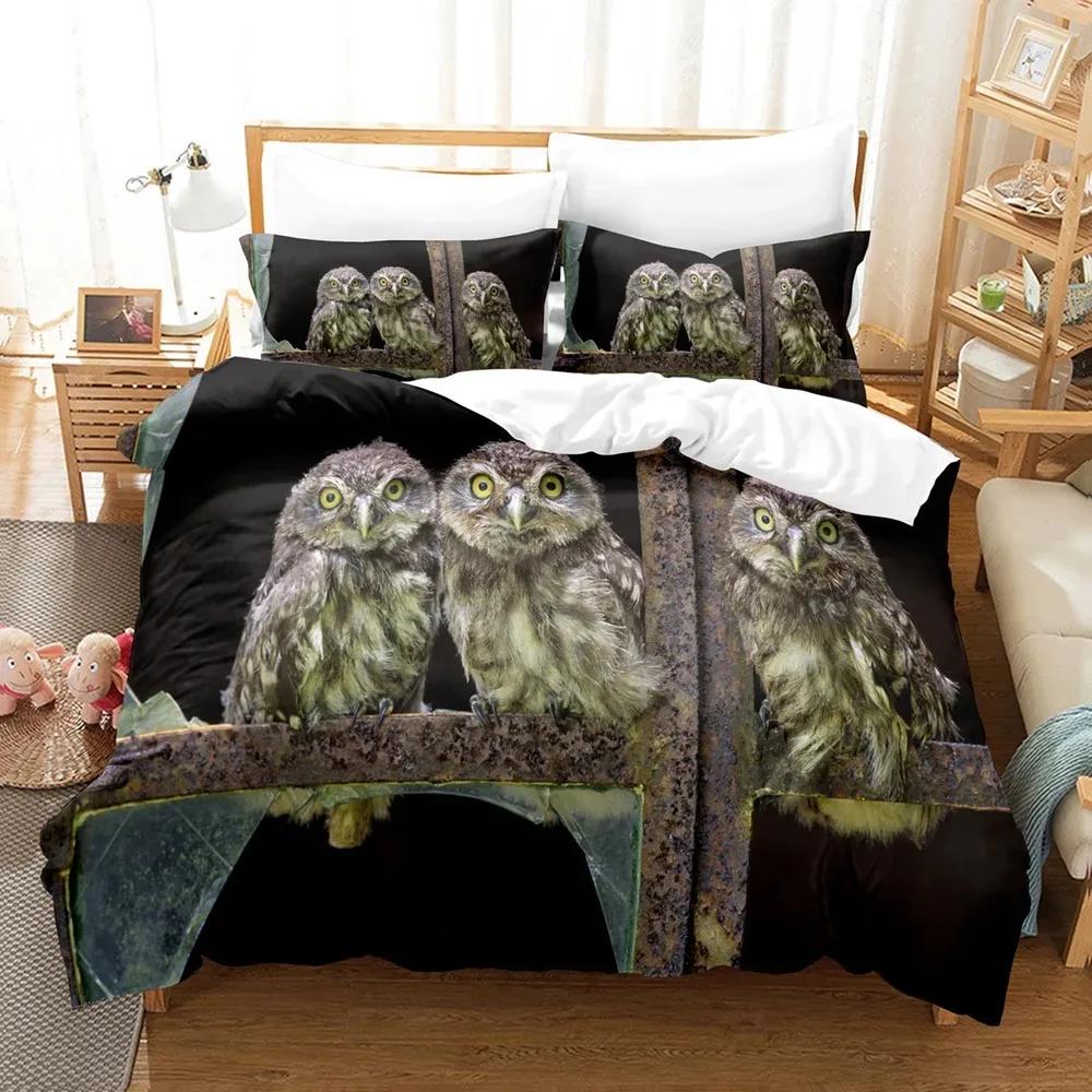 Owl Duvet Cover Set King/Queen Size,lovely Baby Owl Quilt Cover On A Tree,cute Wild Animal Polyester Bedding Set for Boys Teens