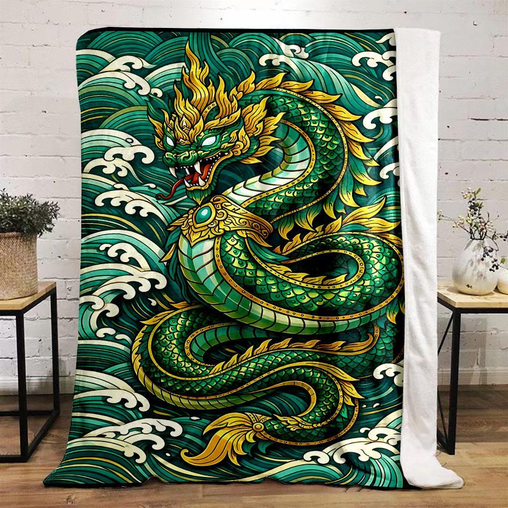 Multiple Sizes Dragon and Waves Print Blanket Warm Soft Suitable for All Seasons for Home Sofa Travel Camping Picnics RV