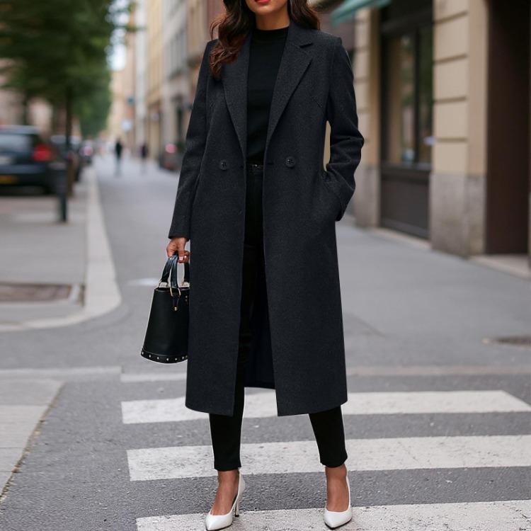 Women Fashionable Color Lapel Long Sleeved Woolen Coat