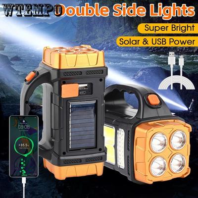 COB Multi-function Outdoor Emergency Portable Searchlight Solar Two-color USB Rechargeable Outdoor Lighting Flashlight for Camping