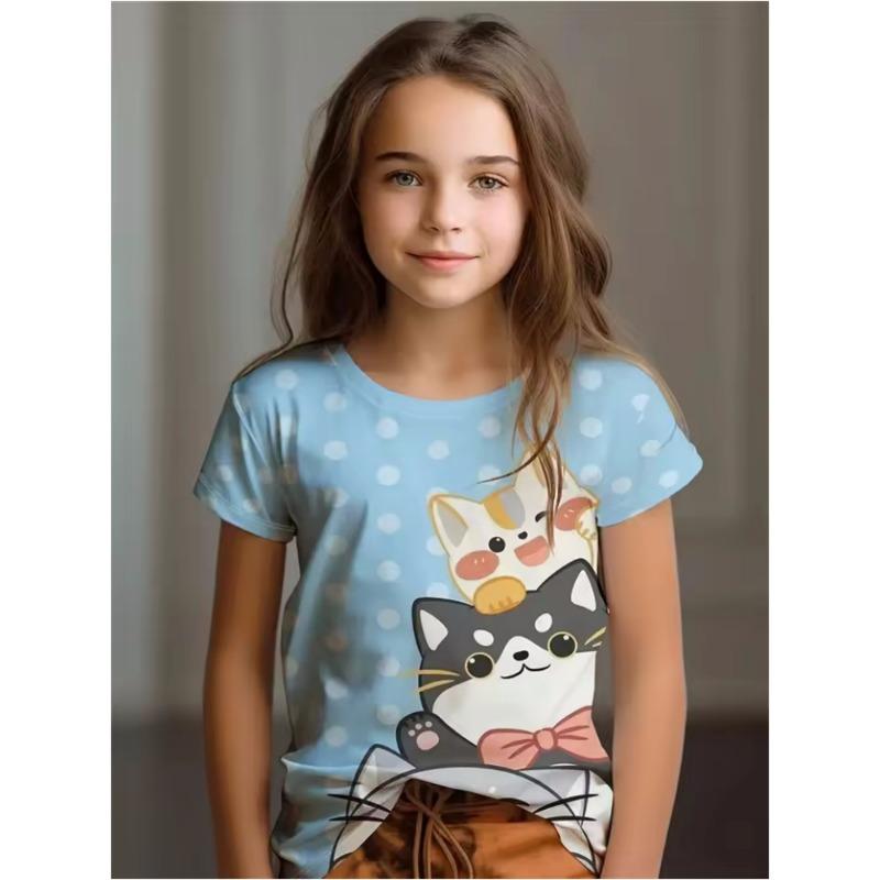 Kids Girls Clothes Cute Cat 3D Print Summer Short Sleeves Graphic T Shirts Outdoor Clothes for Children Cute Style Girl T-Shirt