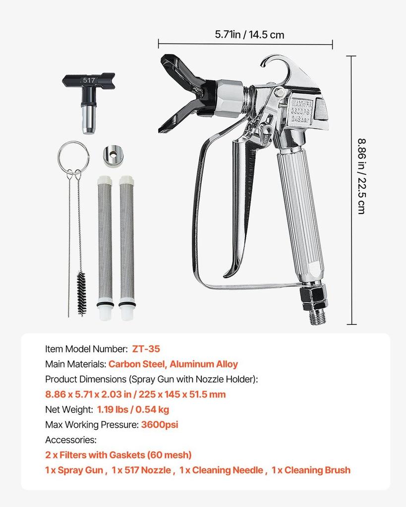Airless Paint Spray Gun 3600PSI High Pressure Airless Spray Gun 517 Tip