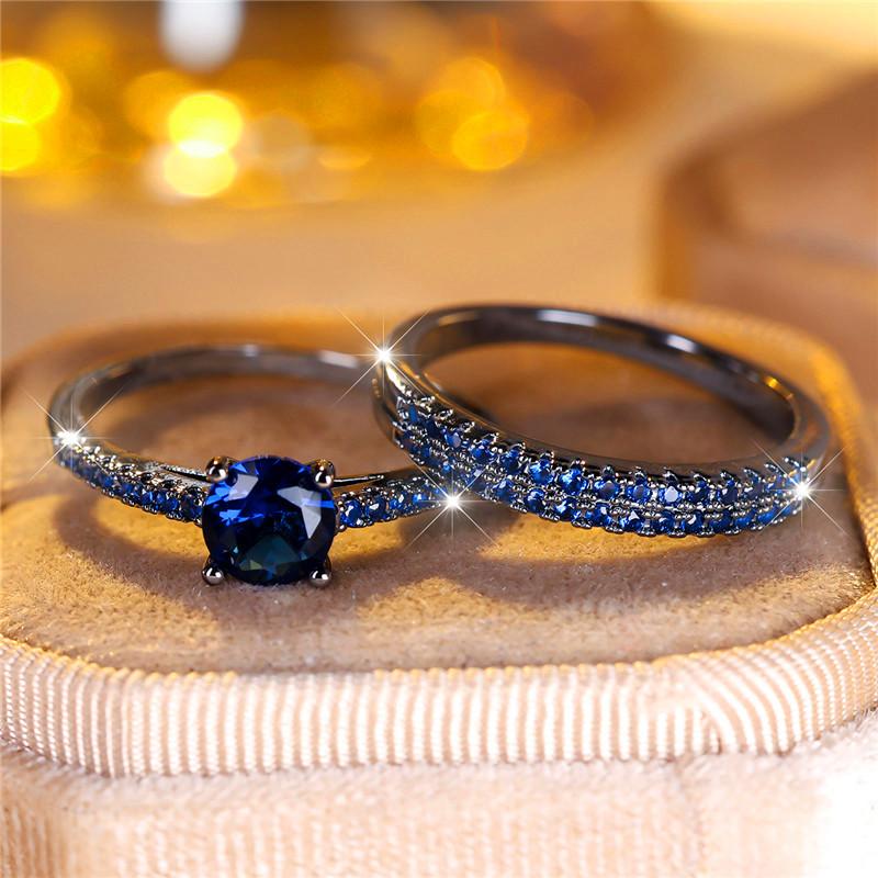 Female Crystal Blue Zircon Stone Heart Engagement Ring Set Luxury Black Gold Color Wedding  For Women