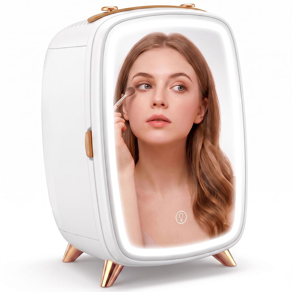 Skincare Refrigerator, 6L Mini Cosmetic Fridge with LED Mirror, Cooling Function for Bedroom, Skincare, Office, White