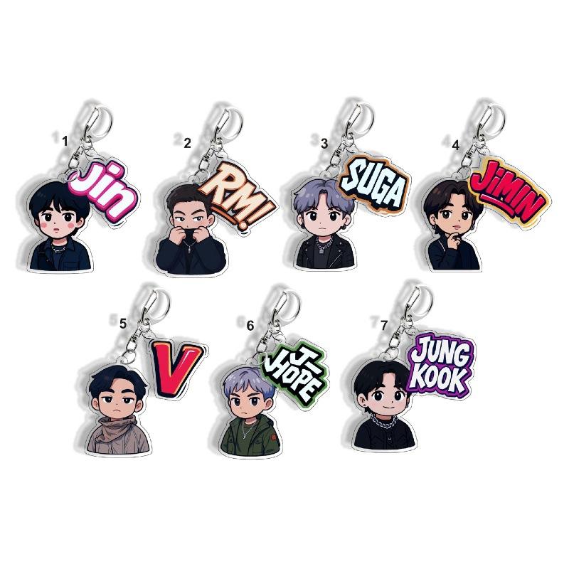 BTS Member Cartoon Character & Name Keychains, Celebrity Merchandise, Bag Charms, Fan Gifts