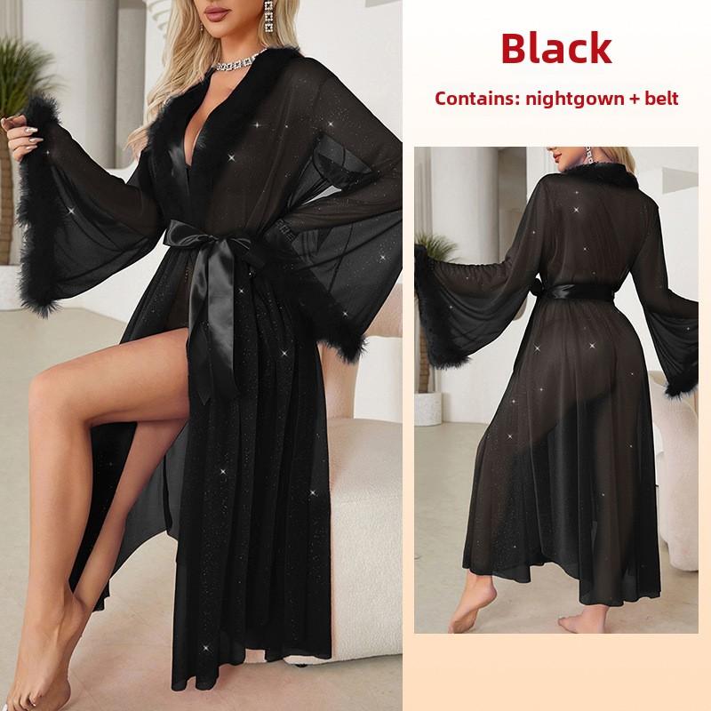 Sølv Silke Pyjamas Lett Luksus Langermet Myk Kjølig Nattkjole Badekåpe Loungewear