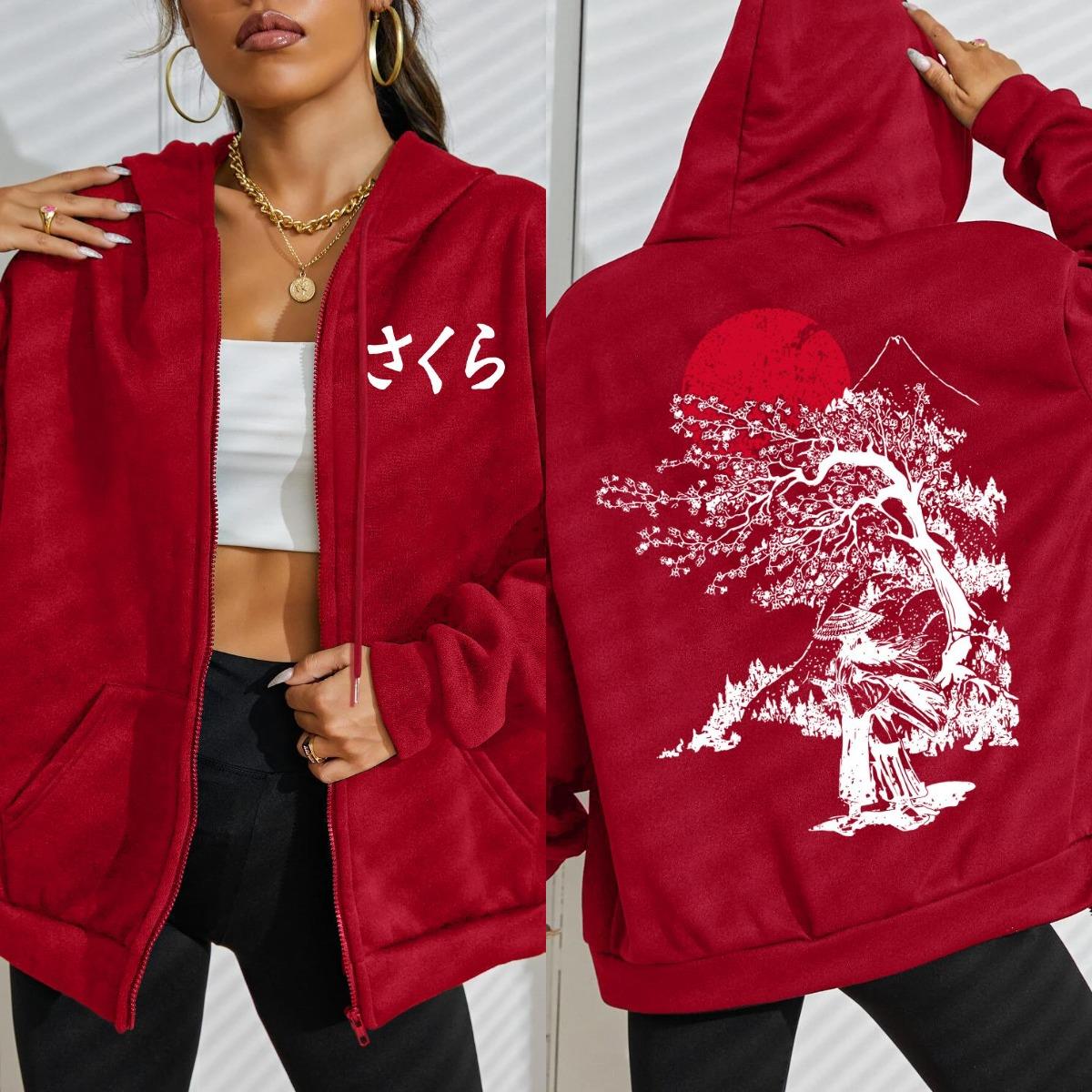 

Худи на молнии с принтом самурая с цветущей сакурой на закате Харадзюку Женское свободное уличное худи из флиса с мягким карманом 3XL