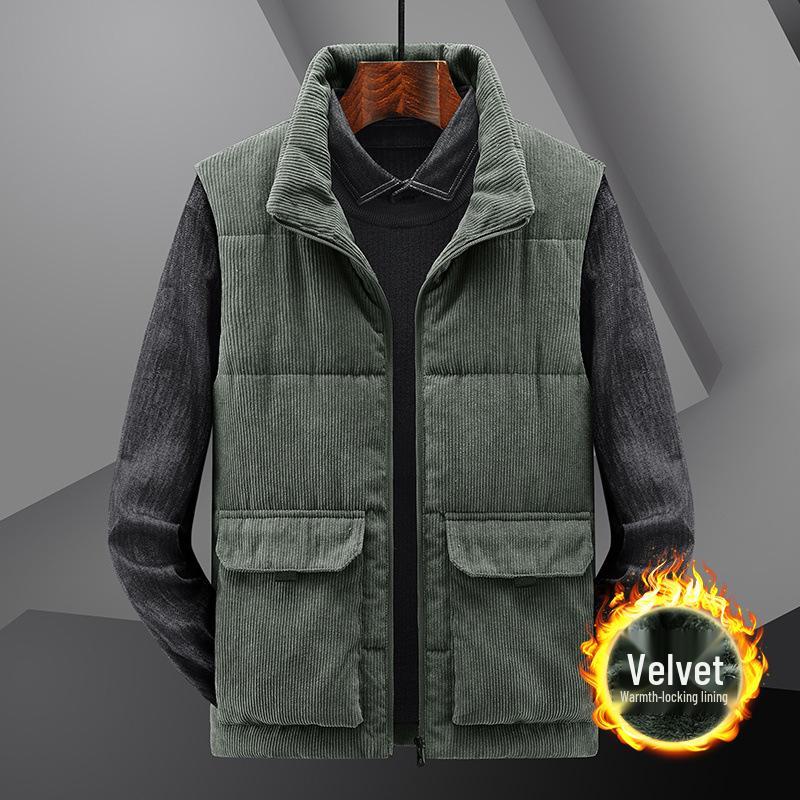 Pánská zimní fleecem podšitá manšestrová vesta - Silná, nadměrná velikost, stojáček, bezrukávová bunda s designem s více kapsami.