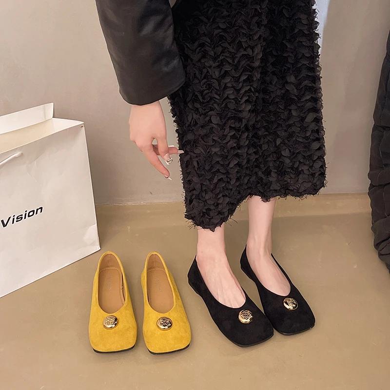 Fashion Women's Mary Jane Shoes Cow Suede Square Toe Metal Decoration Women's Flat Shoes Dress Shallow Mouth Concise Zapatillas De Mujer