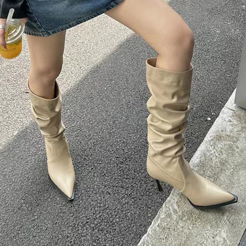 Fashion Comemore Autumn Winter Women's Boots New Pointed High Heels Sexy Pleated Thin Heels Female Fashion Versatile Mid Length Boots
