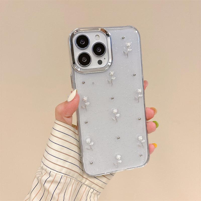 Husă transparentă cu sclipici pentru trandafir mic, argintiu 3D, inel metalic, pentru iPhone 15 Pro Max 14 Plus 13 12 Pro 11 Husă adeziv de protecție împotriva căderii