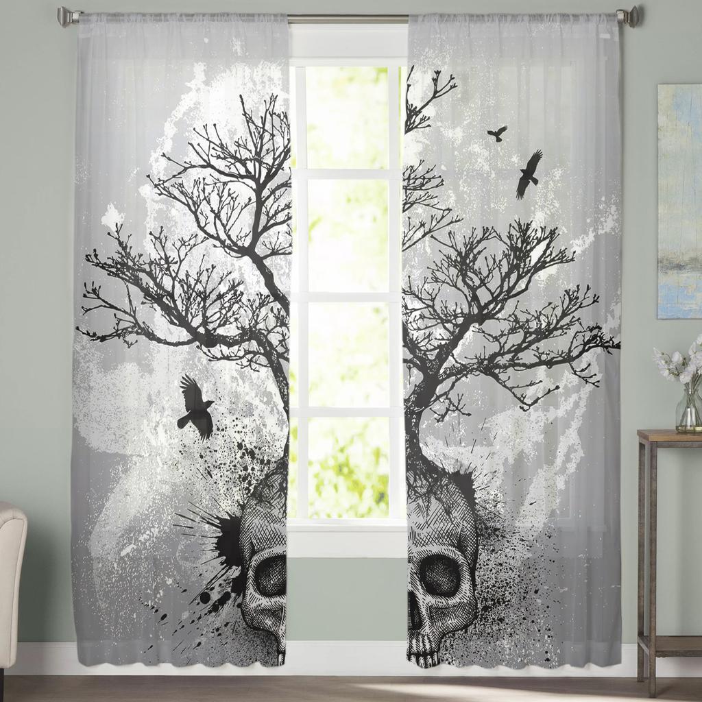 Skeleton Tree Branch Bird Skull Sheer Curtains for Living Room Modern Voile Curtain Bedroom Tulle Curtains Window Drapes Decor