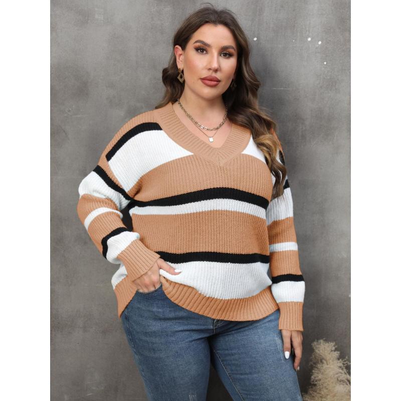Women's Pullover Sweater Plus Size Women's Fashion European and American Style Autumn Winter New V-neck Color Block Fashion Sweater