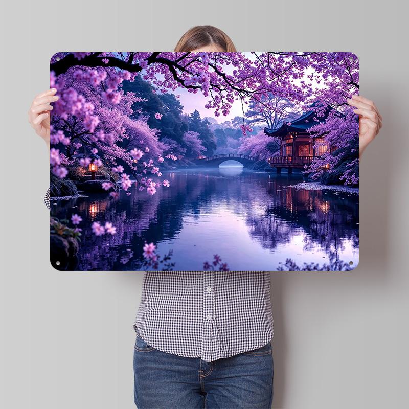 Japanese Garden With Cherry Blossoms D Texture Printed Poster Custom Vintage Metal Tin Plate Sign for Wall Art Decor Room House