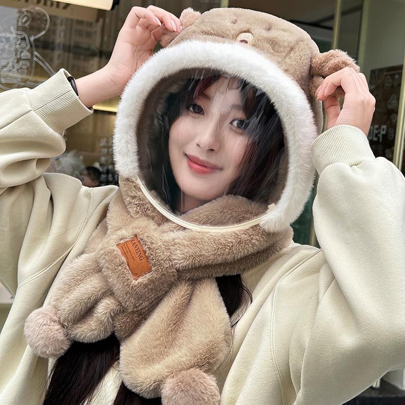 Bear hat, scarf, integrated women's winter thickened warm scarf, anti-fogging lenses, cycling windshield and cold protection, ear protection