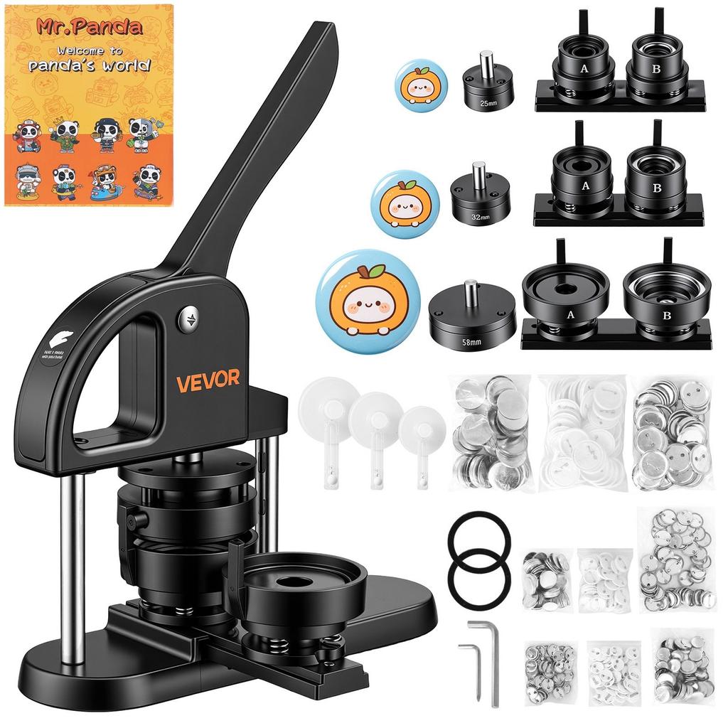 Button Maker Machine 1"/1.25"/2.25"(25/32/58 mm) Pin Maker Black, with 300pcs Button Parts, Circle Cutter and Magic Book, Ergonomic Handle, for DIY