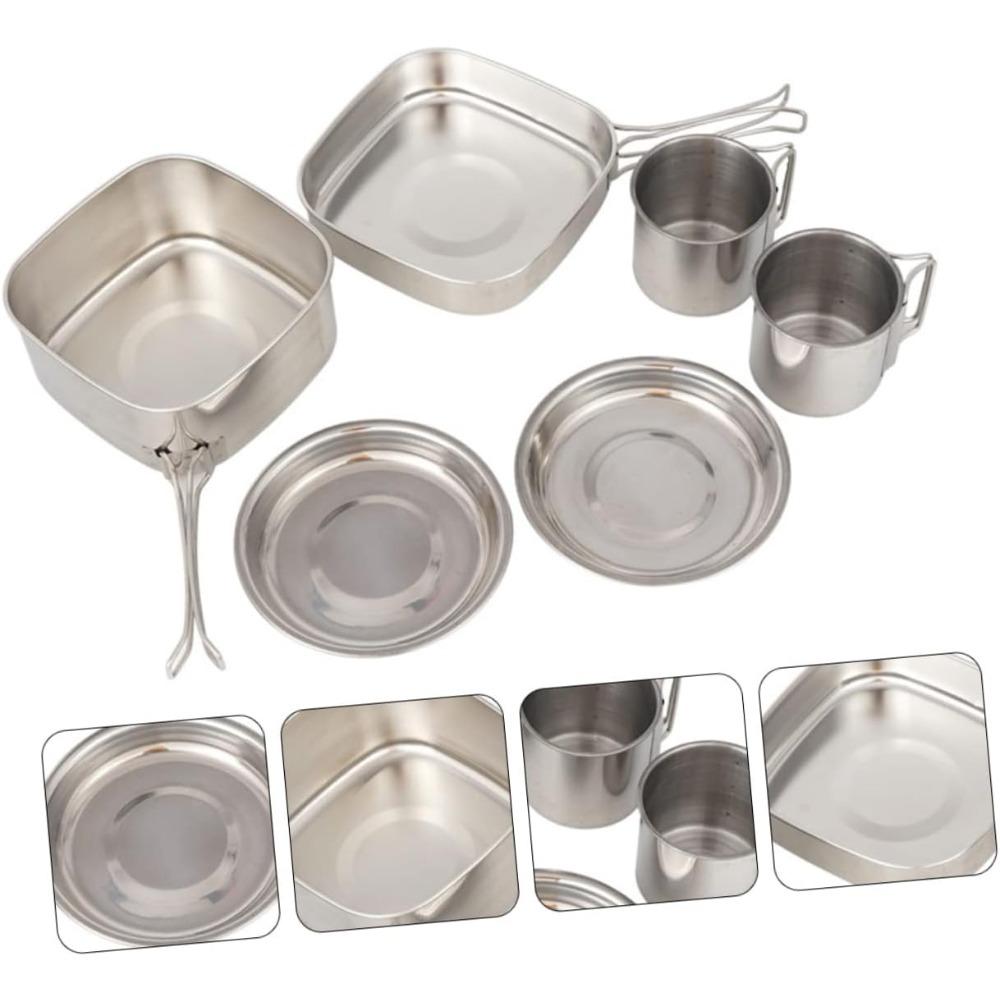 Camping 6-piece tableware set, cooking kit, lightweight stainless steel cookware, foldable pot, bowl and cup set