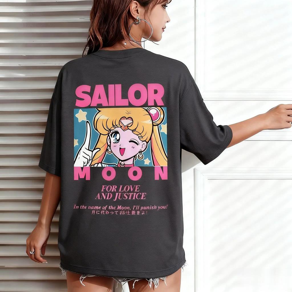 Sailor Moon Classic Quote Print T-Shirt | "For Love and Justice" Anime Tee | Unisex Oversized Cotton Short Sleeve Top | Y2K Retro Streetwear
