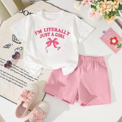 Kids Girls Summer Clothes Short Sleeve T Shirt and Shorts Set Bow Letter Print Casual Outfit