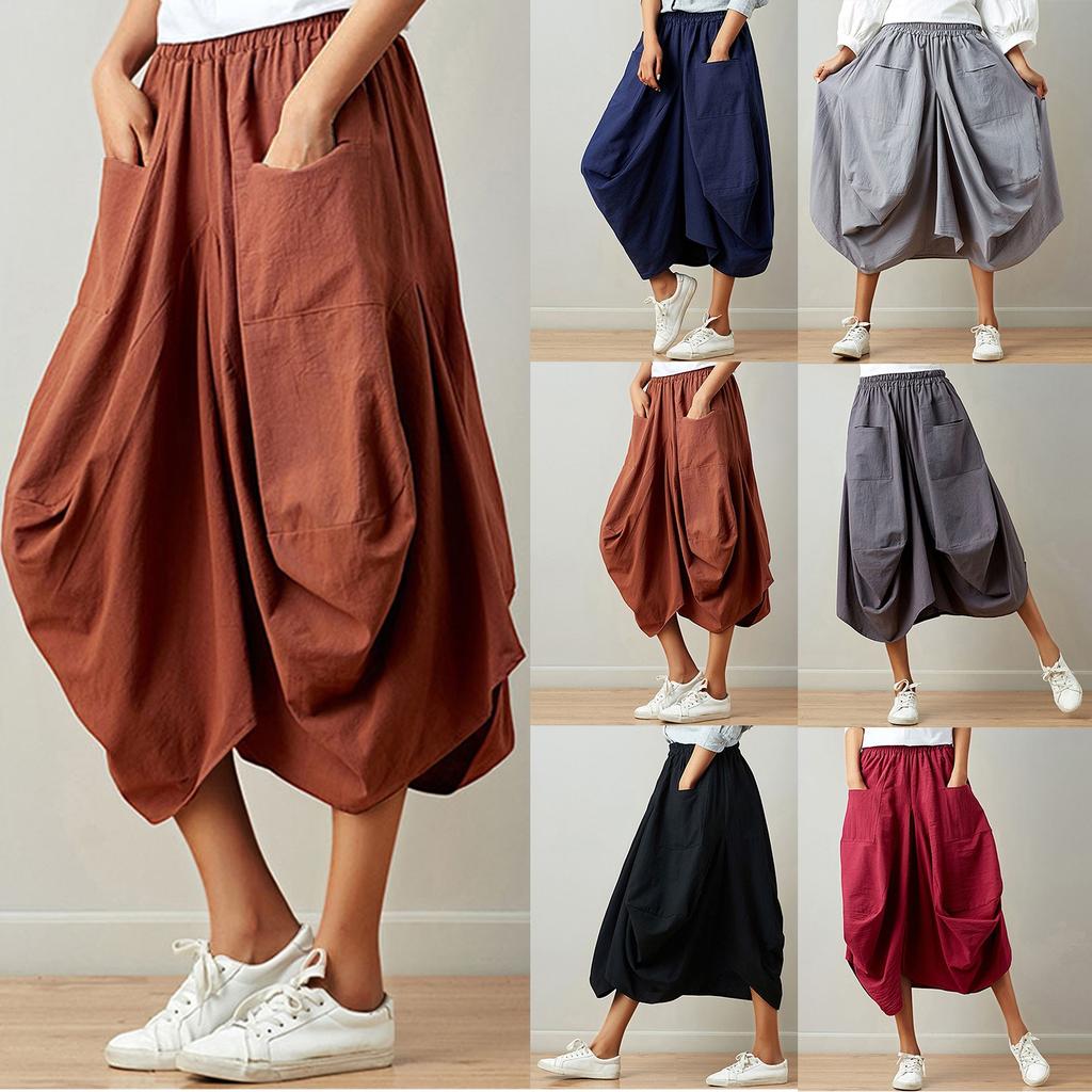 Women's Fashion Summer Solid Color Pocket Skirt Afghan Hippie Ethnic Style Skirt