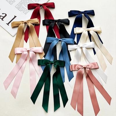 Pince à cheveux queue de cheval à double couche avec nœud papillon, ruban à pompons, couleur unie à la mode, long ruban, accessoire de cheveux