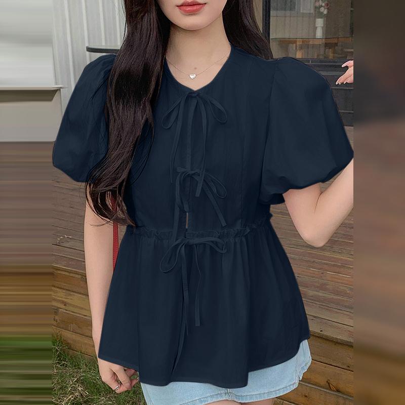 ZANZEA Bluză casual de damă cu șireturi, cu gât rotund, transparentă, de vară, cu mânecă scurtă