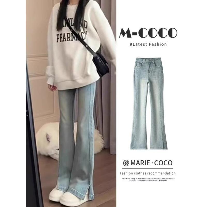 

Женские новые весенне-осенние брюки, слегка потертые джинсы, маленькие расклешенные брюки с разрезами, женские с высокой талией и стройнящие XS синий