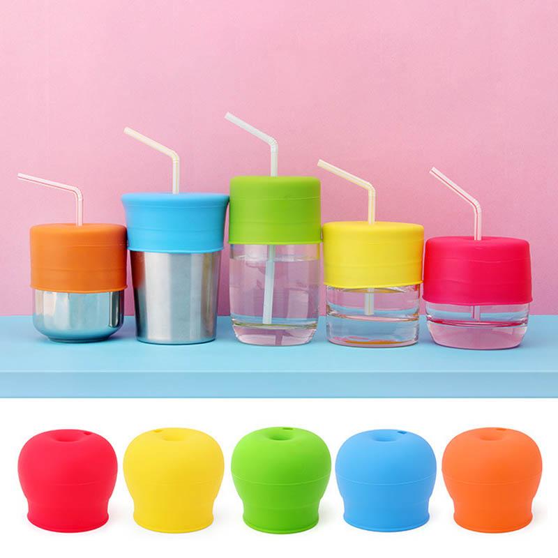 Couvercle en Silicone pour enfants, trou de paille, couvercle de verrerie, étanche, extensible, couleur bonbon, accessoires de tasse, anti-déversement