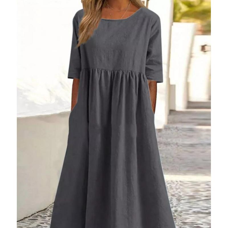 Plus Size Round Neck Solid Pleated Pocket Loose Casual Midi Comfortable Dress S-5XL Lightweight Recognition Elegant with Flattering Chic Dress