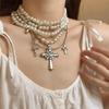 Fashionable Diamonds Sturdy Alloy Crosses Choker Necklace Pendant with Elegant Pearls Jewelry Accessory for Girls