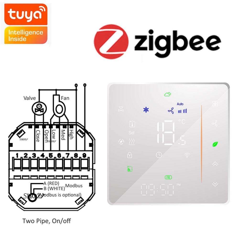 TUYA Zigbee Wi-Fi 2/4 Pipe Fan Coil Room Thermostat - HVAC Temperature Controller For Heating And Cooling 12VAC 24VAC 95-240VAC