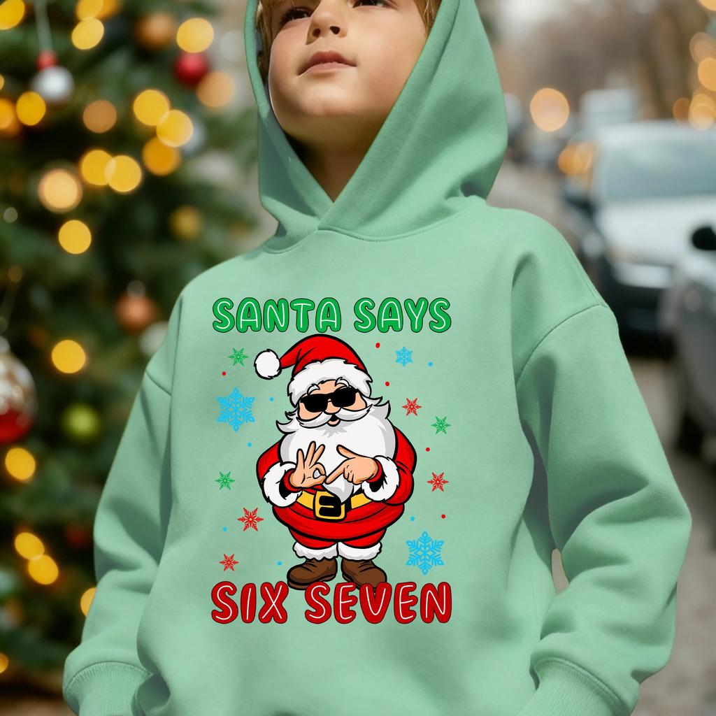 Boys' Autumn/Winter Fashion -Lined Hooded Sweatshirt "Santa Says Six Seven" Lettering Element with Santa Claus Cartoon Print Wearing
