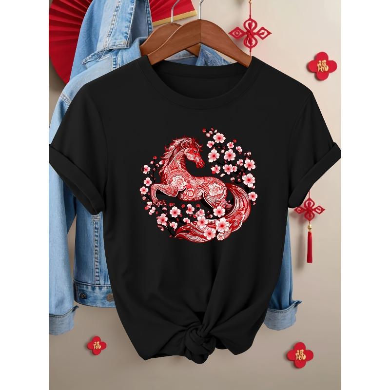 

European Size Women s Vintage Chinese New Year T-Shirt - Short Sleeve Round Neck Top Suitable for Spring Summer Fall 4XL чорний