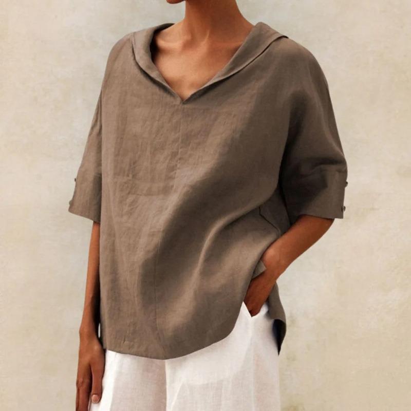 QICED Women's Fashion Casual Solid Color Print Short Sleeve V Neck Blouses & Shirts