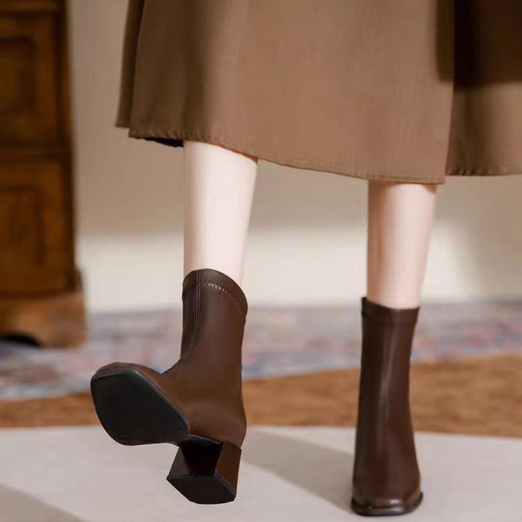 2025 new thick heel short boots women's French square head spring and autumn single boots fashion medium tube thin boots black high heel boots