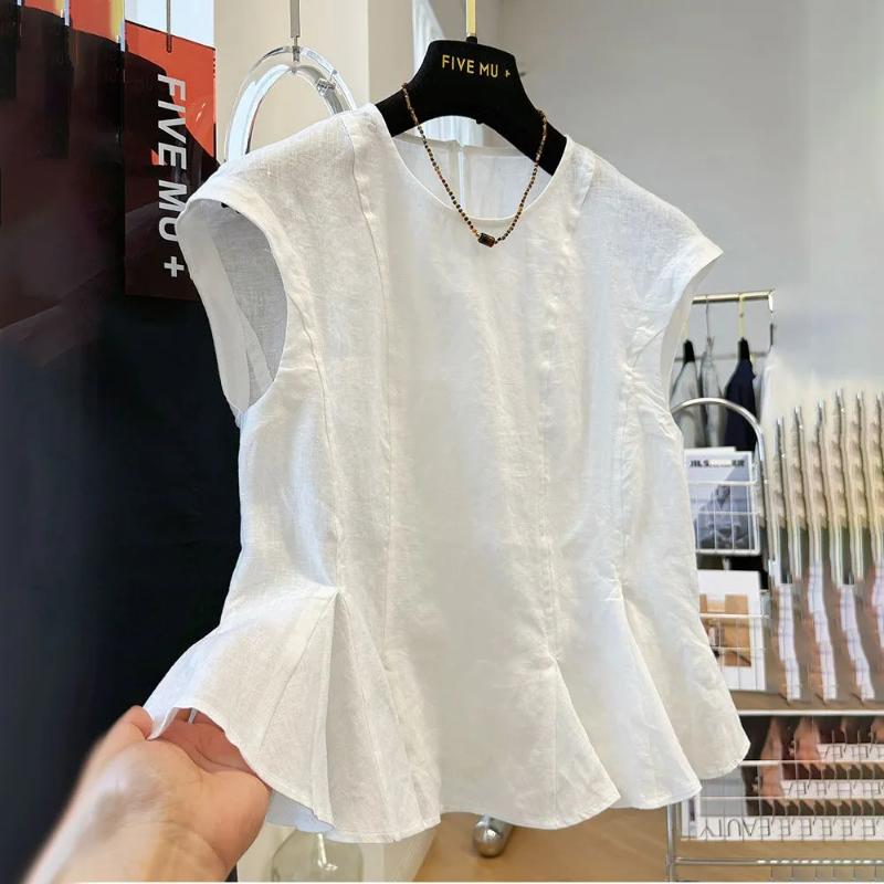 Damen marineblaues Leinen Peplum Top ärmellos Rundhalsausschnitt Rüschensaum lässige Bluse