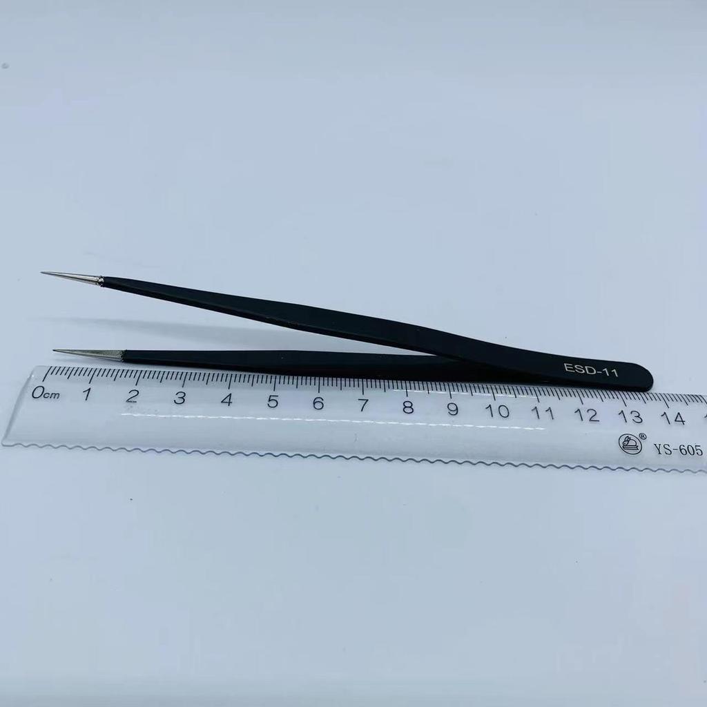 Black ESD Anti-Static Stainless Steel Tweezers Set with Bent Tip for Industrial Repair