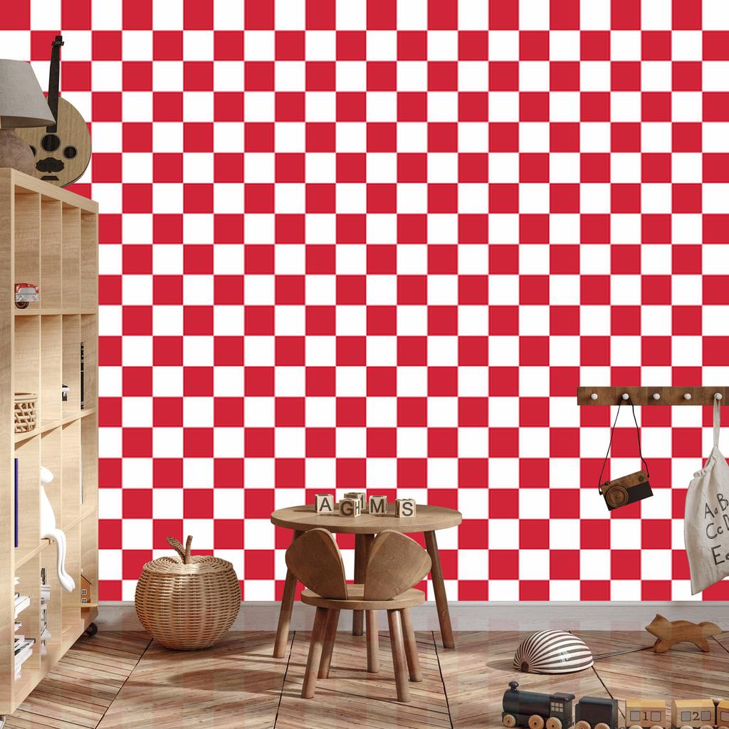 Checkerboard Wallpaper White and Red for Living Room and Bedroom 50x1000