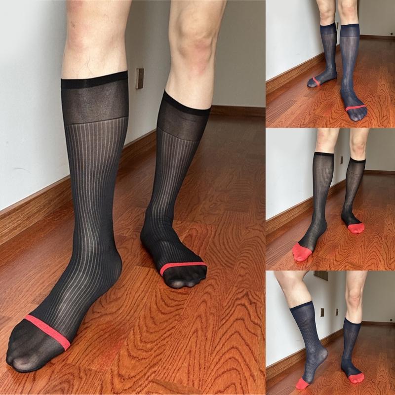 Mens Nylon Sheer Suit Socks Business Dress Socks Contrast Color Striped See Through Formal Dress Over the Calf Stockings