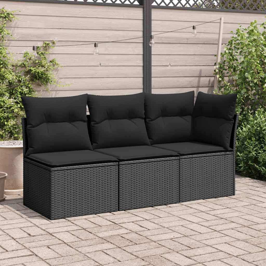 Vidaxl Garden Sofa With Cushions, 3-Seater, Black, Poly Rattan