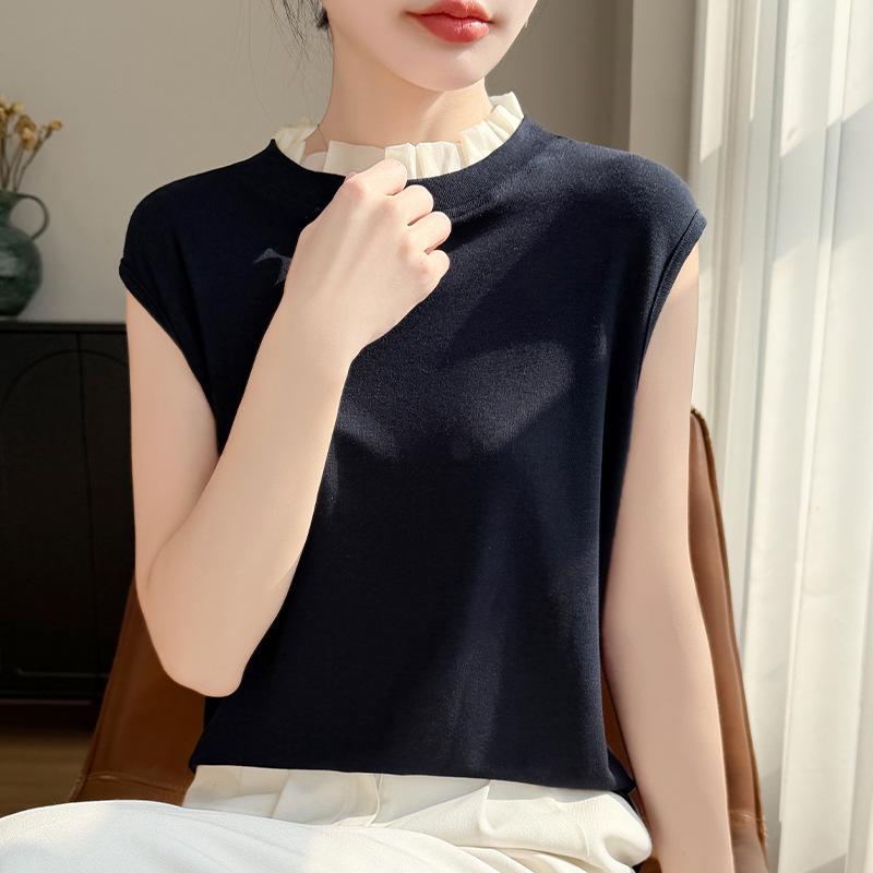 2026 Spring/Summer Women's Color Block Tencel Wool Organza Sleeveless Knit Vest