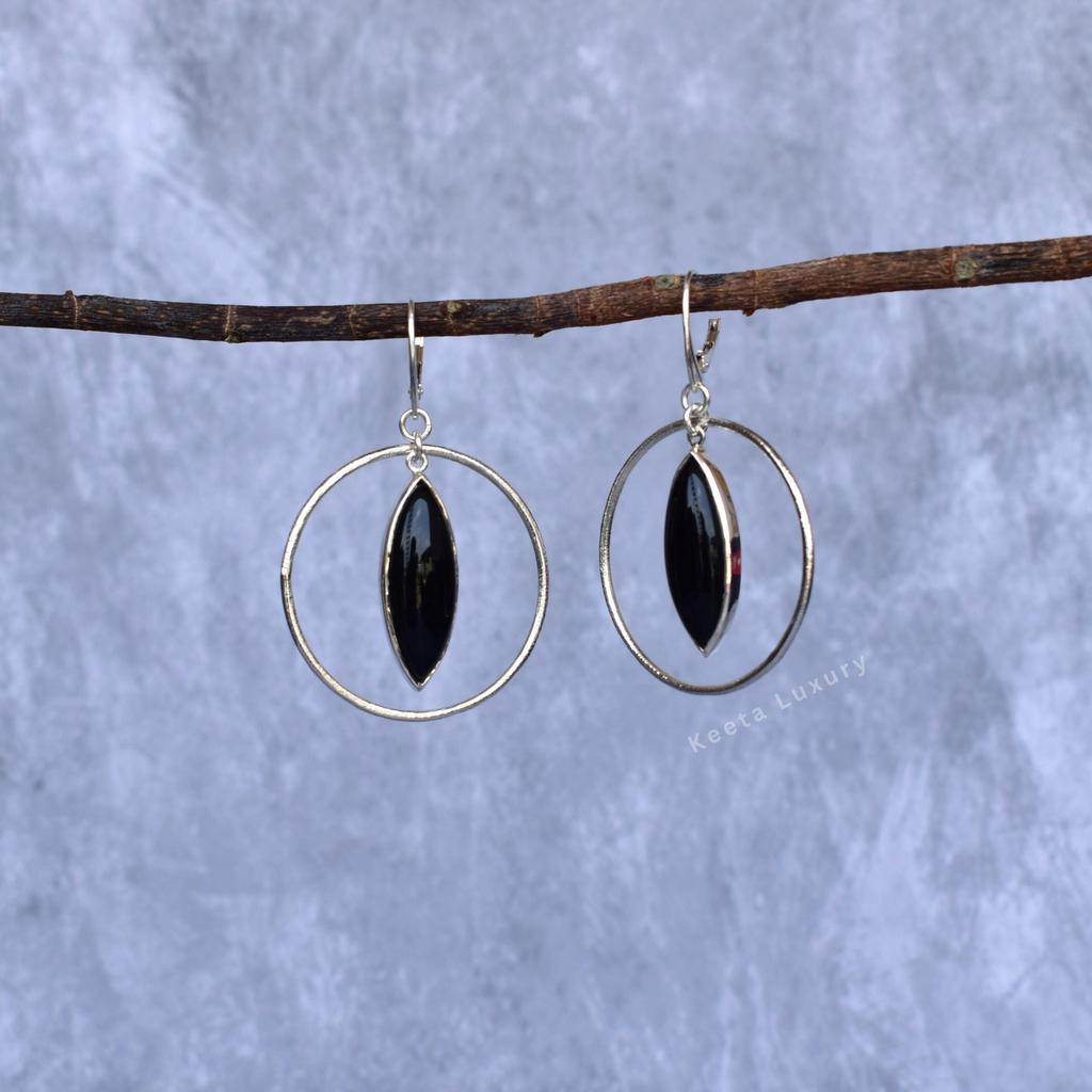 Genuine Black Onyx Hoop Earrings, Sterling Silver Stylish Dangler for Women, Healing Crystal Earrings, Unique Fashion Jewelry Gifts Ideas