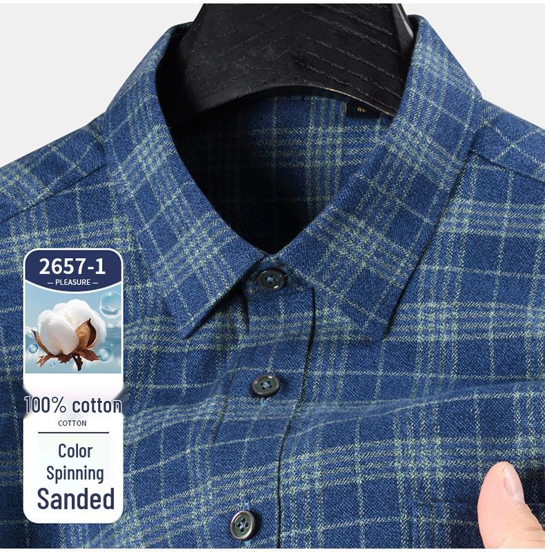 Men's Long Sleeve Brushed Plaid Cotton Shirt - Casual Thickened Shirt for Middle-Aged Dads